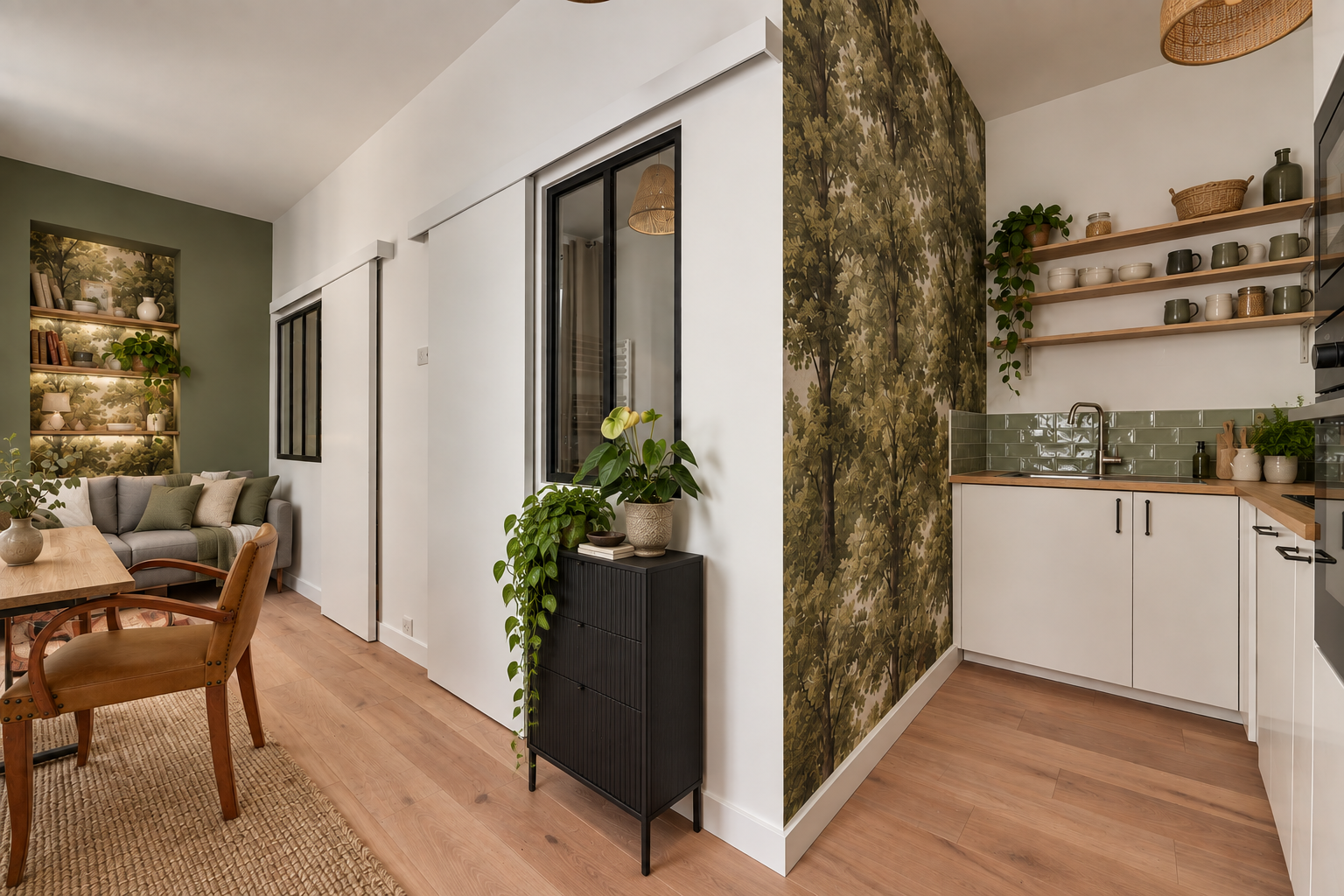 réaménagement d'un studio parisien dans un style nature