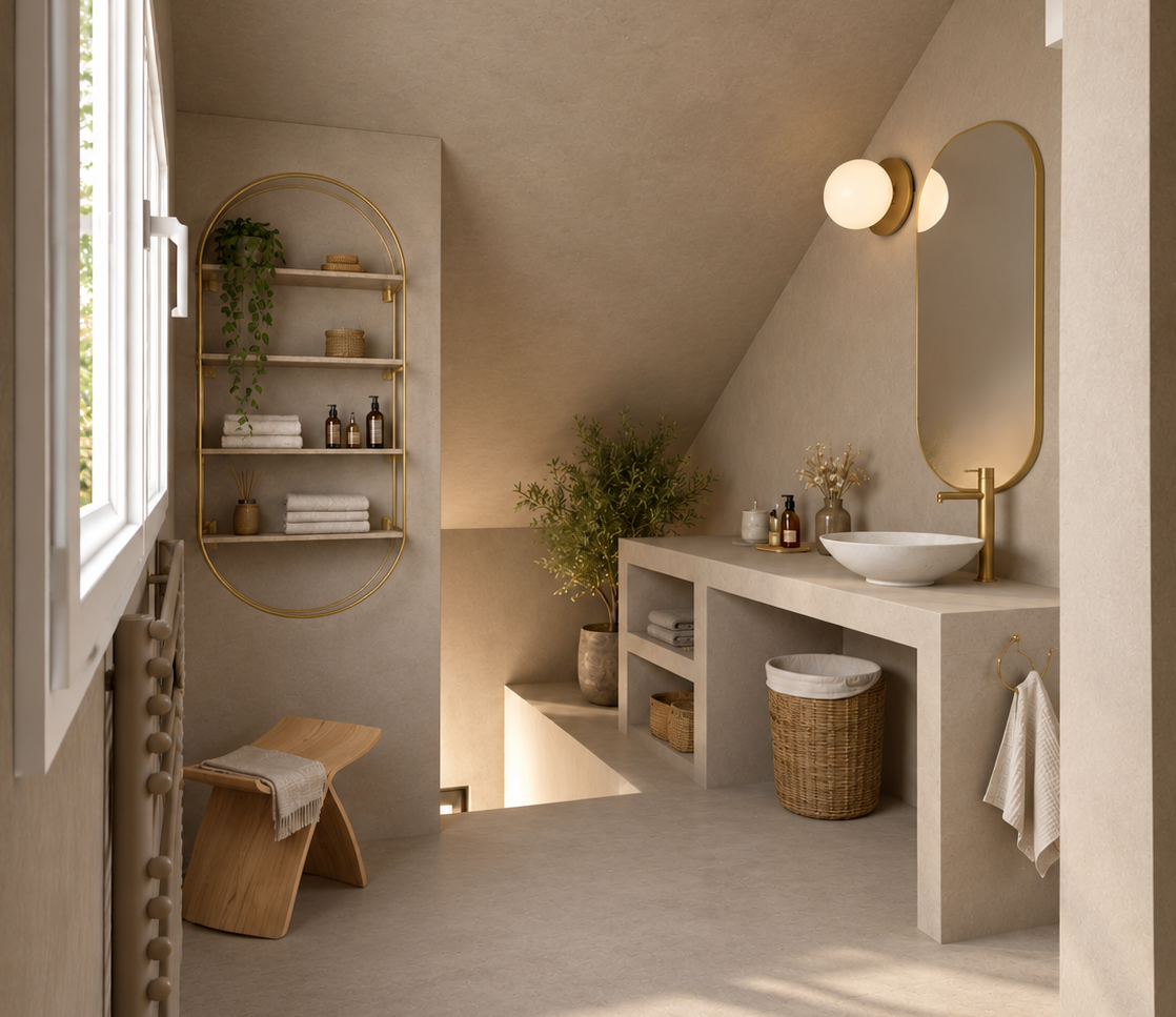 Salle de bain rénovée avec douche à l'italienne et mobilier sur mesure en béton ciré dans un style spa naturel